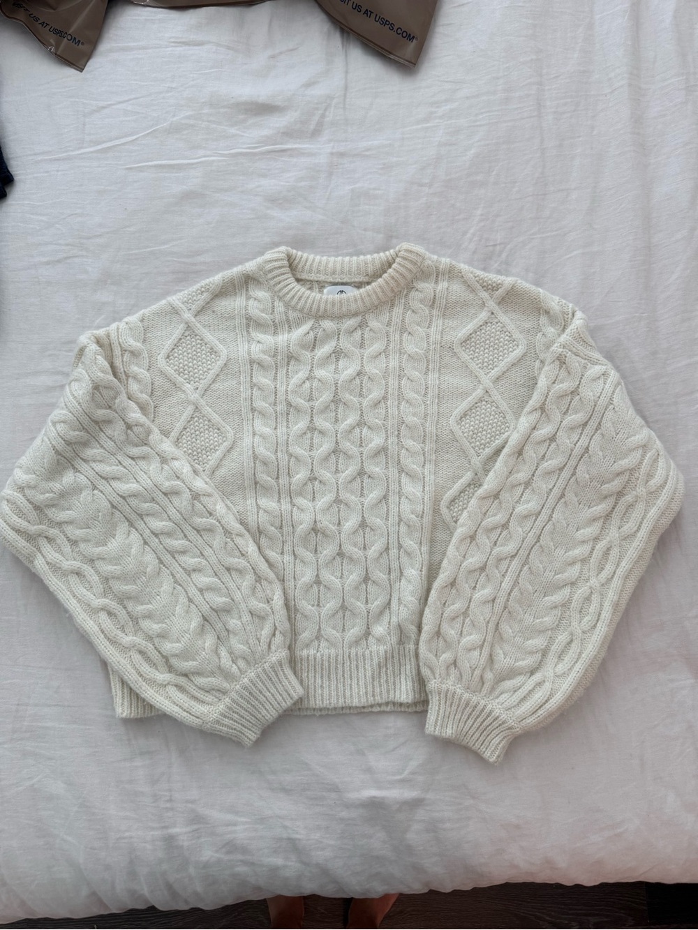 Anine Bing Ivory Cable-Knit Crewneck Sweater
